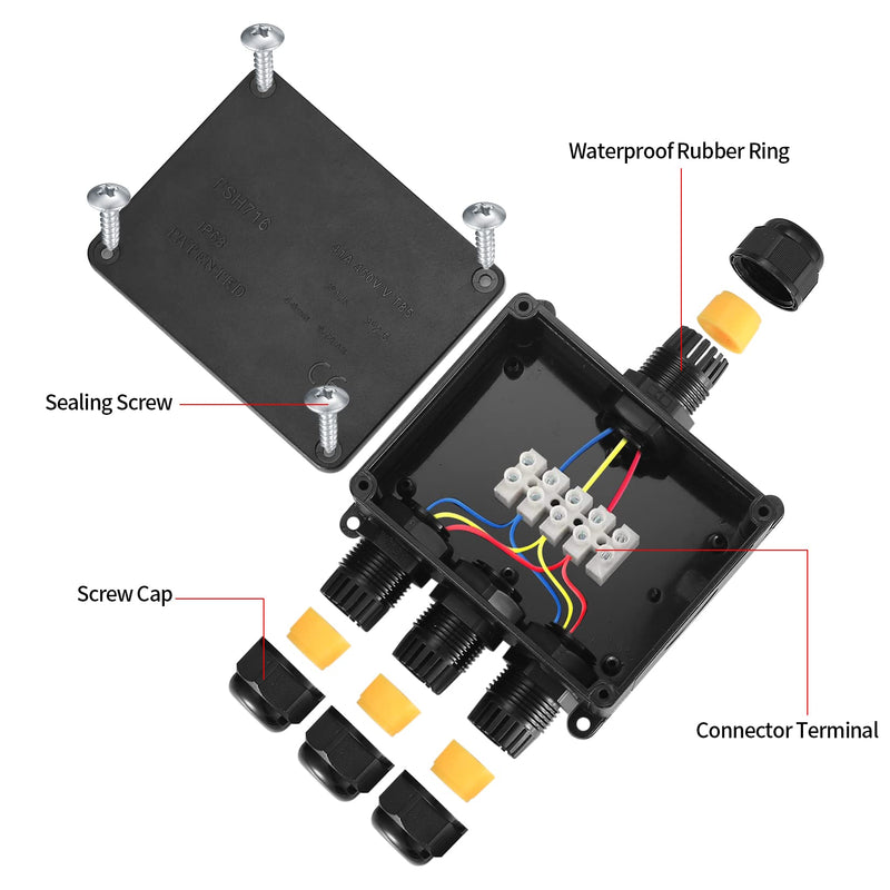  [AUSTRALIA] - IP68 waterproof junction box, 4-way outdoor cable connector junction box, black extension cable junction box cable connector for cables 4-12 mm outdoor waterproof