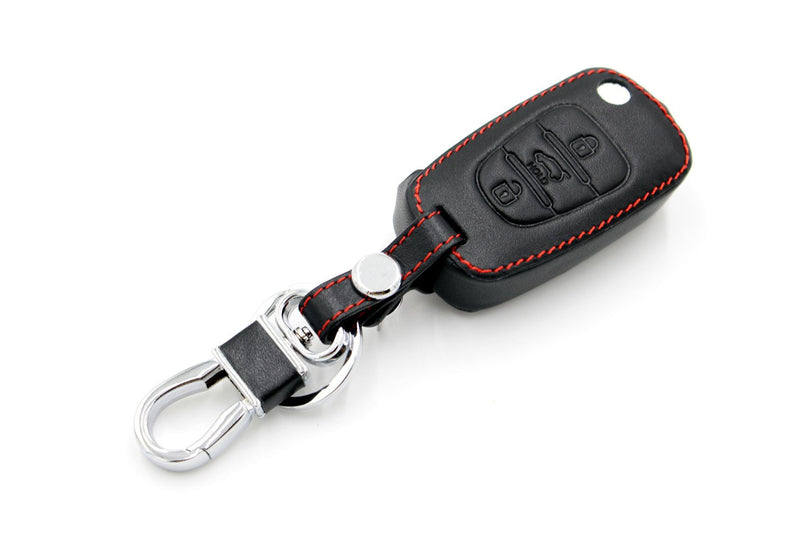  [AUSTRALIA] - Ezzy Auto Black Leather Key Fob Cover with KeyChain 3 Buttons Fob Skin Covers Key Jacket Protector fit KIA Sportage Optima Rio Soul Black Leather Cover With Keychain