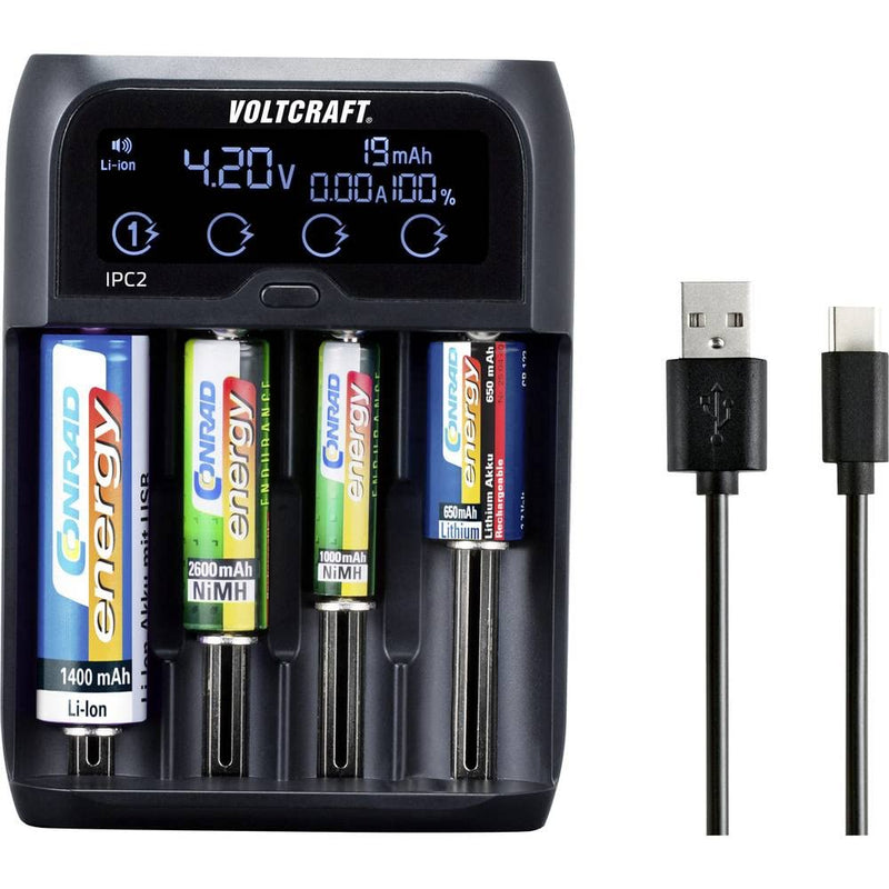  [AUSTRALIA] - VOLTCRAFT IPC-2 round cell charger I Intelligent 4-slot charger for a variety of battery types, AAAA, AAA, AA, C, Li-Ion, LiFePO and more I USB operated I Chargers for household batteries