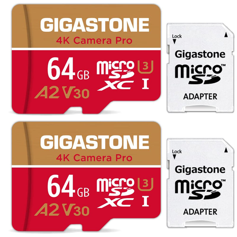  [AUSTRALIA] - Gigastone 64GB 2-Pack Micro SD Card, 4K Camera Pro for GoPro, Security Camera, Wyze, DJI, R/W up to 95/35MB/s MicroSDXC Memory Card UHS-I U3 A2 V30