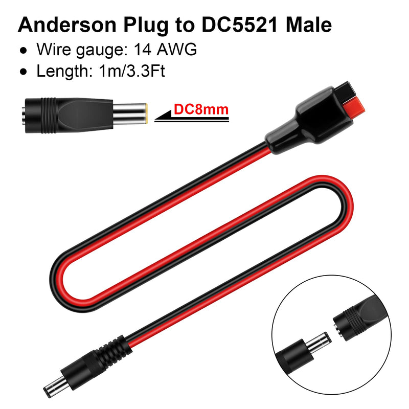  [AUSTRALIA] - iGreely DC 5.5mm x 2.1mm Power Male Plug Cable with DC 8mm Adapter for Portable Generator 14 AWG Wire 3.3ft/1m
