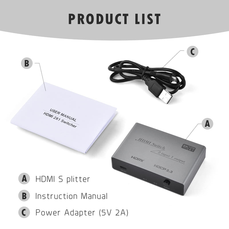  [AUSTRALIA] - ELUTENG HDMI Switcher 8K 60Hz 2 in 1 Out HDMI Splitter HDCP 2.3 with Audio 1x2 HDMI Switch Ultra HD Splitter Compatible with Laptop PS5 PS4 Xbox DVD HDTV Projector