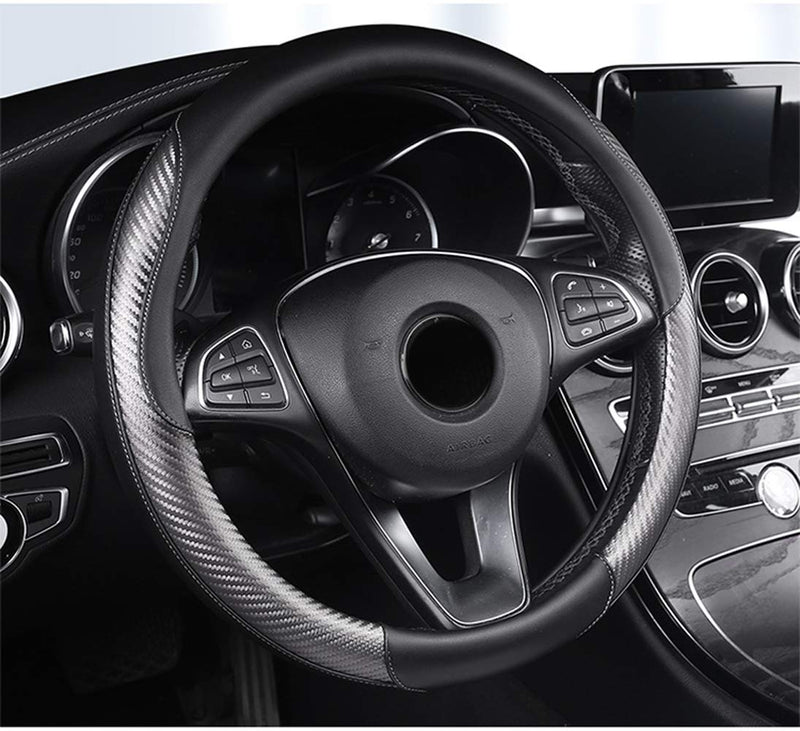  [AUSTRALIA] - i-Will Carbon Fiber Steering Wheel Cover Leather Sport Style Anti-Slip Wheel Handle Portector Universal 15 Inch Car Accessories (Gray) Gray