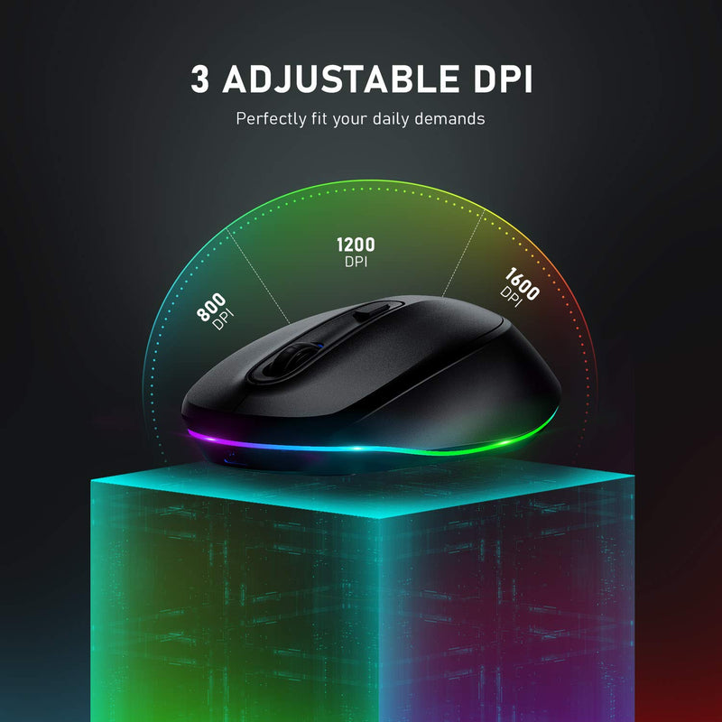  [AUSTRALIA] - seenda Wireless Mouse, Ultra Silent Rechargeable Light Up LED Mouse with USB Receiver, Comfortable Cordless Mice and 3 Adjustable DPI for Laptop Computer Chromebook, Black Black Wireless LED Mouse