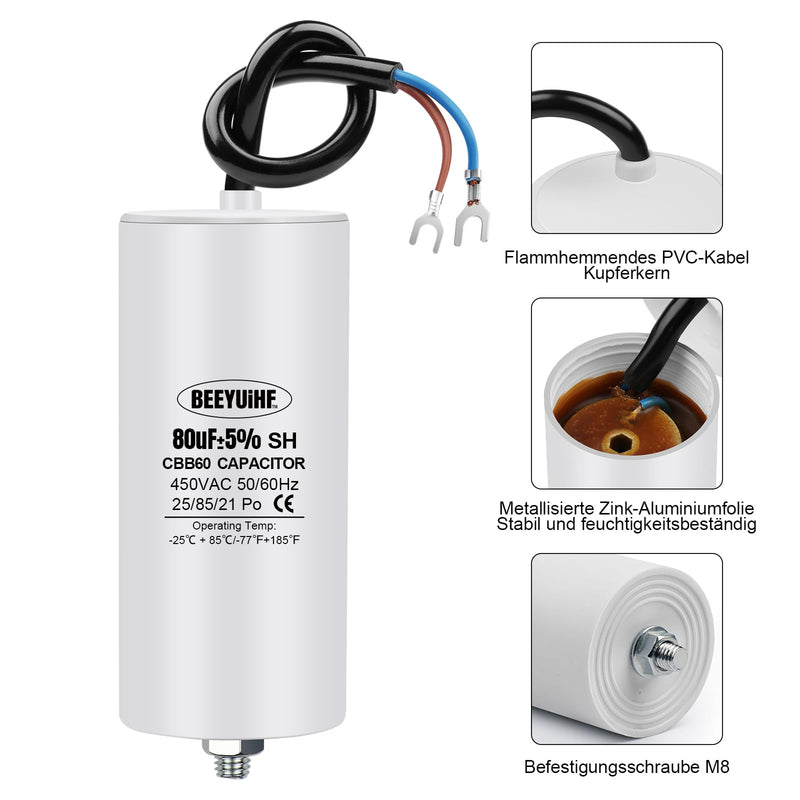  [AUSTRALIA] - BEEYUIHF CBB60 motor capacitor 80µF 450V capacitor 50/60Hz starting capacitor 80uF motor running capacitor with connection cable for electric motor 50 x 110 mm 80µF / 80uF