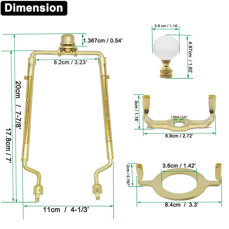  [AUSTRALIA] - 7 8 9 10 inch Lamp Shade Harp Holder,Adjustable Gold Lamp Harp Fits both E26 Light Base UNO Fitter Adapter and Saddle Base,Brass Color UNO Fitter Adapter Finial Set