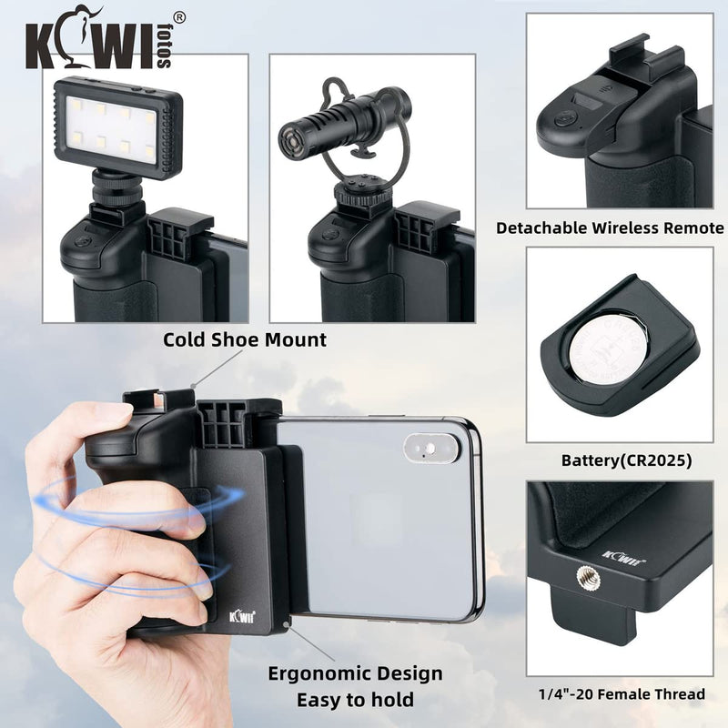  [AUSTRALIA] - KIWIFOTOS Phone Tripod Mount, Phone Camera Grip Handle Holder with Detachable Bluetooth Shutter Remote Control and Cold Shoe Adapter for iPhone Samsung Smartphone Selfie Vlog Video Shooting-Black