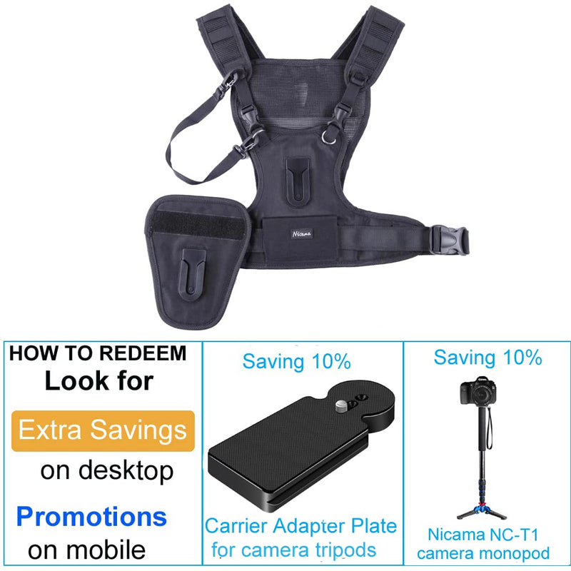  [AUSTRALIA] - Nicama Dual Shoulder Camera Strap for Two-Cameras, Carrier Chest Harness Vest with Mounting Hubs & Backup Safety Straps for DSLR Canon 6D 5D2 5D3 Nikon D800 D810 Sony A7S Sigma Olympus