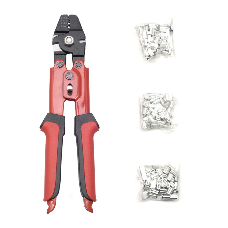  [AUSTRALIA] - 1/16 Inch Wire Rope Crimping Tool Up To 2.2mm Wire Rope Swager Crimpers with 180Pcs 3 Size Aluminum Double Barrel Ferrule Crimping Loop Sleeve Kit