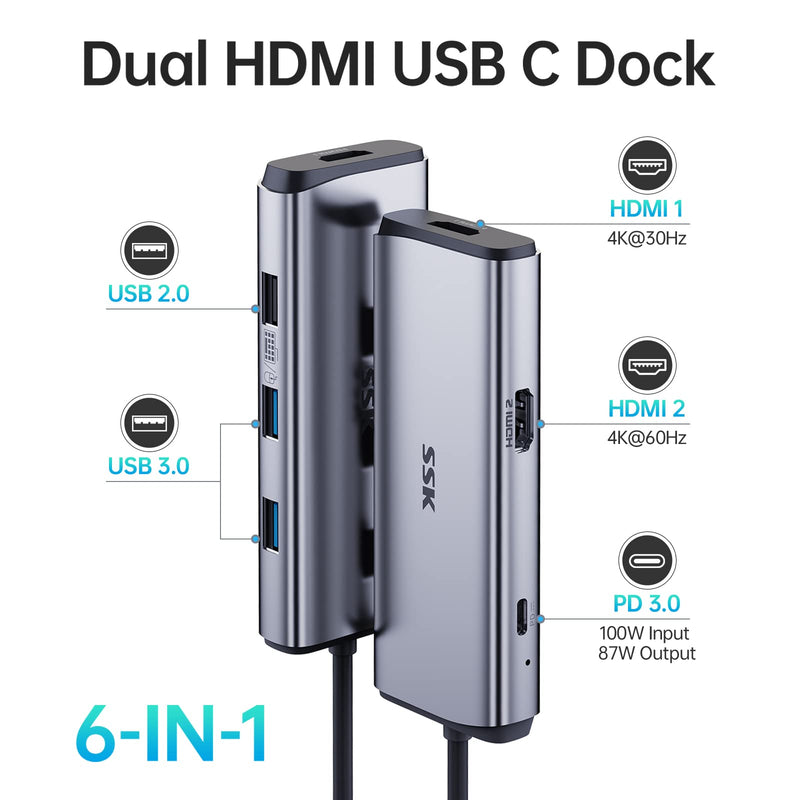  [AUSTRALIA] - SSK Laptop Docking Station Dual Monitor, 6 in 1 USB C Hub Multiport Adapter with 2 HDMI 4K, 100W PD Powered, 3 USB Ports, Universal USB C Dock Compatible for MacBook/Dell/Hp/Lenovo/Surface
