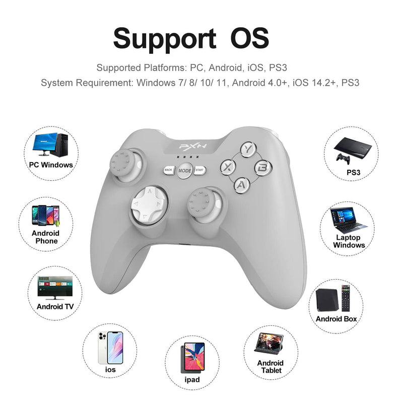  [AUSTRALIA] - 2.4G Wireless Game Controller, PXN P3 PC Wireless Controller, Plug and Play Game Controller Dual Vibrators for PC(Windows 7/ 8/ 10/ 11), PS3, iOS 14.2+, Android 4.0+ (Gray) Grey