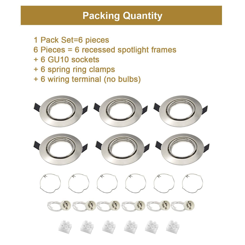  [AUSTRALIA] - Wondlumi Set of 6 LED recessed spotlight frames GU10 swiveling round 230V brushed stainless steel recessed frame ceiling lamp recessed spots including socket for GU10 LED/halogen 6 pieces round