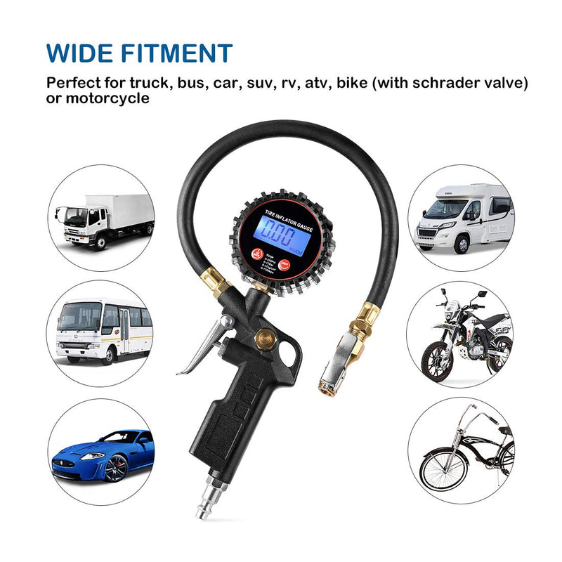  [AUSTRALIA] - CZC AUTO Digital Tire Inflator Pressure Gauge, LED Display Tyre Deflator Gage with Straight Brass Lock-on Chuck Rubber Hose, Compatible with Air Pump Compressor for Truck Bus RV Car Motorcycle Bike