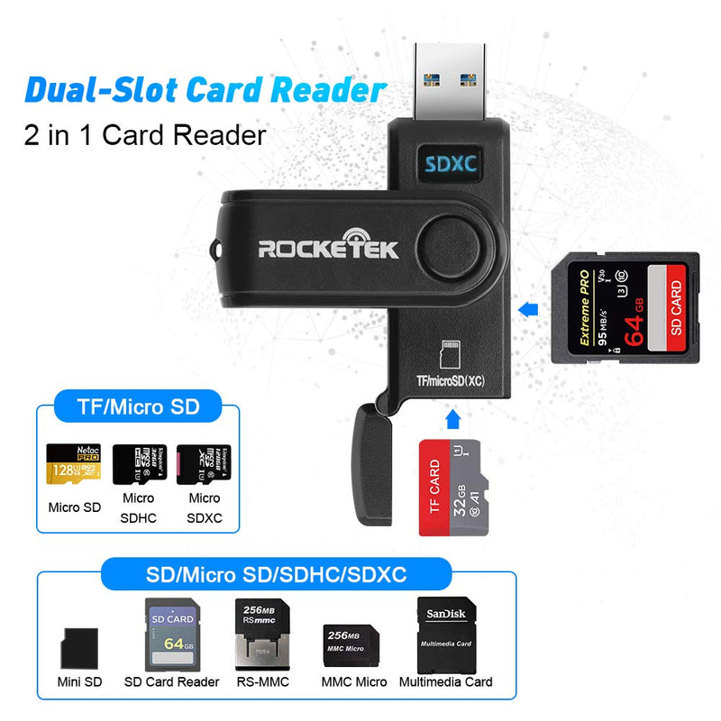 Rocketek SD TF Card Reader, USB 3.0 Memory Card Adapter Dual Slot for SD SDXC SDHC MMC RS-MMC Micro SDXC Micro SDHC for Mac, Windows, Linux, Chromebook, PS4, PC,USB 3.0 Flash Drive HC-CR5 US - LeoForward Australia