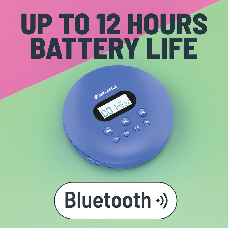  [AUSTRALIA] - Oakcastle CD100 Portable Bluetooth CD Player | 12hr Portable Playtime | in Car Compatible Personal CD Player | Headphones Included, AUX Output, Anti-Skip Protection, Rechargeable, CD Walkman in Blue