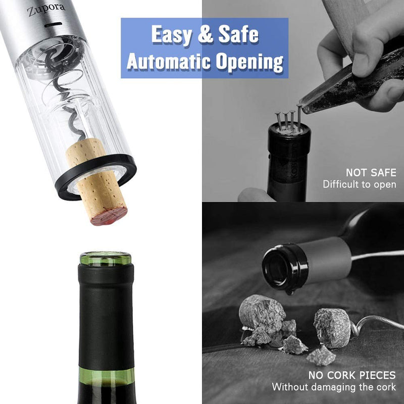 Electric Wine Opener, Zupora Rechargeable Cordless Automatic Corkscrew Wine Bottle Opener with Foil Cutter (Stainless Steel), USB Cable Charging, Refined Silver - LeoForward Australia