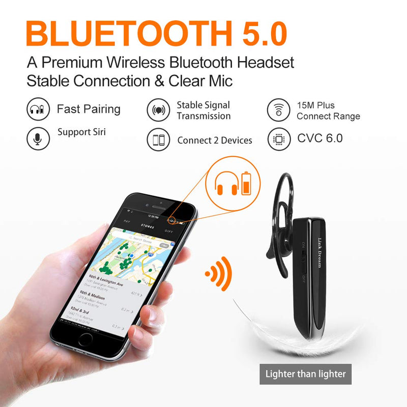  [AUSTRALIA] - Link Dream Bluetooth Earpiece for Cell Phones Wireless V5.0 Hands Free Headset Noise Canceling Mic 24Hrs Talking 1440Hrs Standby Compatible with Mobile Phone Tablet Laptop for Work from Home Driver BLACK