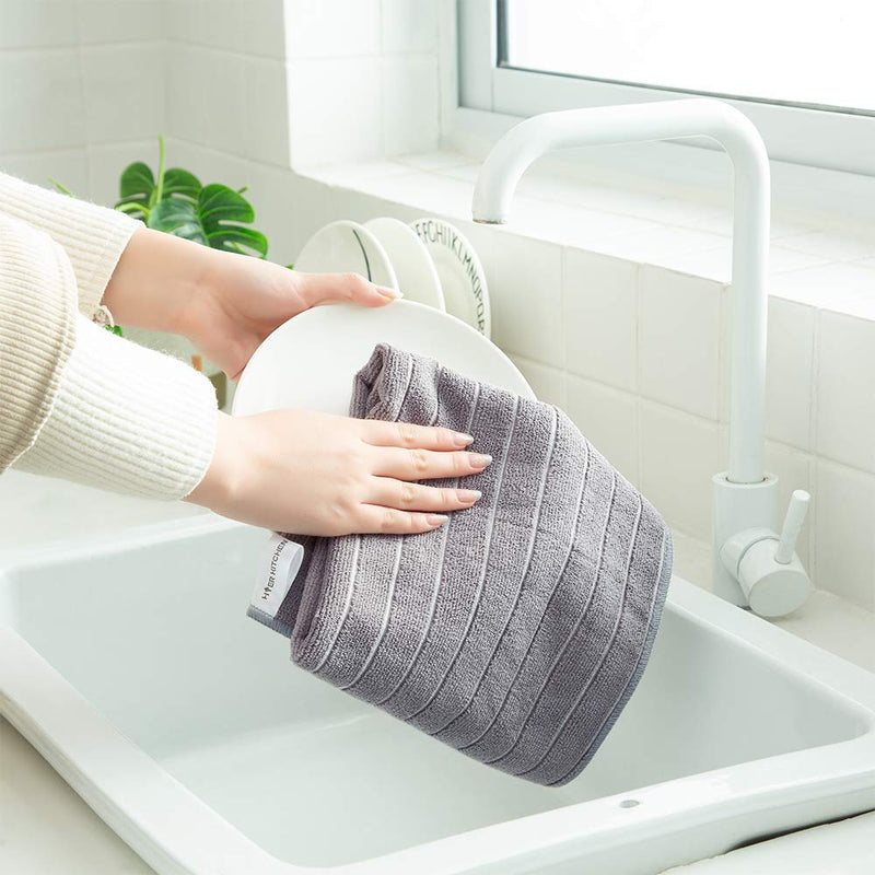  [AUSTRALIA] - HYER KITCHEN Microfiber Kitchen Towels, Stripe Designed, Super Soft and Absorbent Dish Towels, Pack of 8, 18 x 26 Inch, Gray and White Kitchen Towel 26x18 Inch