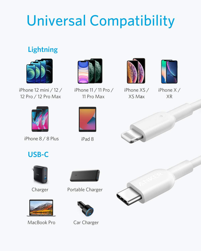  [AUSTRALIA] - Anker USB C to Lightning Cable, 321 (6ft,White), MFi Certified for iPhone 13 Pro 12 Pro Max 12 11 X XS, AirPods Pro, Supports Power Delivery (Charger Not Included) 6ft White 1