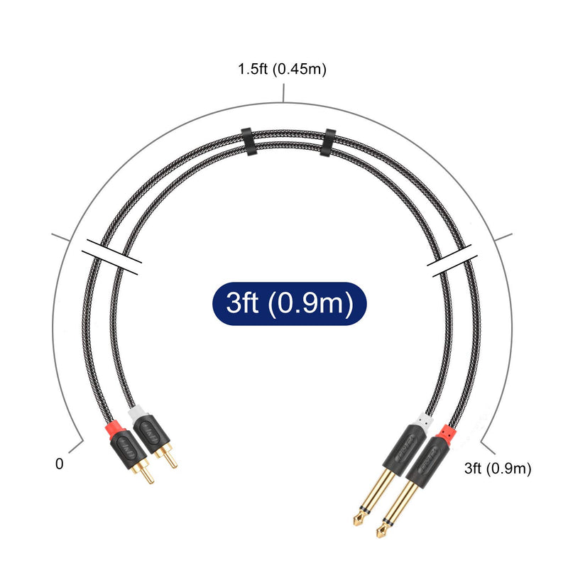 J&D Dual 1/4 inch TS to Dual RCA Stereo Audio Interconnect Cable, Gold Plated Audiowave Series 2X 6.35mm Male TS to 2 RCA Male Stereo Audio Adapter with PVC Shelled Housing and Nylon Braid, 3 Feet - LeoForward Australia