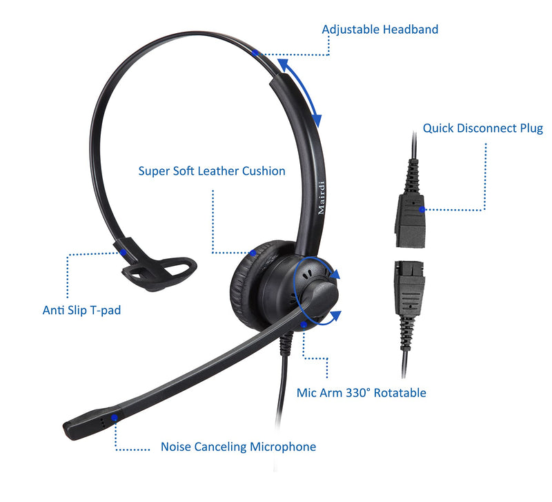  [AUSTRALIA] - MAIRDI Phone Headset with Noise Canceling Microphone, Call Center Office Headset with RJ9 Jack & 3.5mm Connector for Landline Deskphone Cell Phone PC Laptop, Telephone Headset Work for Polycom Monaural