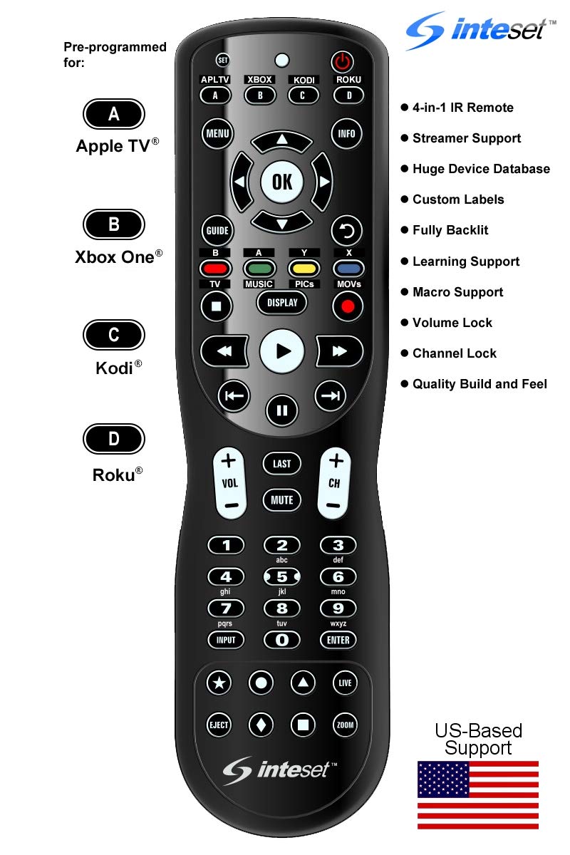  [AUSTRALIA] - Inteset 4-in-1 Universal Backlit IR Learning Remote for use with Apple TV, Xbox Series X/S, Roku, Media Center/Kodi, Nvidia Shield, Most Streamers & Other A/V Devices