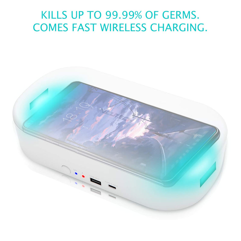  [AUSTRALIA] - UV Phone Sanitizer Box, Kills Up to 99.9% of Bacteria & Viruses, UVC Light Disinfector, 10W Max Fast Wireless Charging for iOS Android Smartphone by VCUTECH (White) White