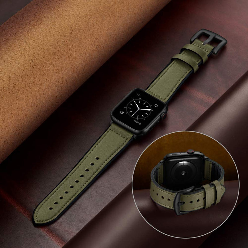 OUHENG Compatible with Apple Watch Band 40mm 38mm, Sweatproof Genuine Leather and Rubber Hybrid Band Strap Compatible with iWatch Series 6 5 4 3 2 1 SE, Army Green Band with Black Adapter Army Green/Black 38mm/40mm - LeoForward Australia