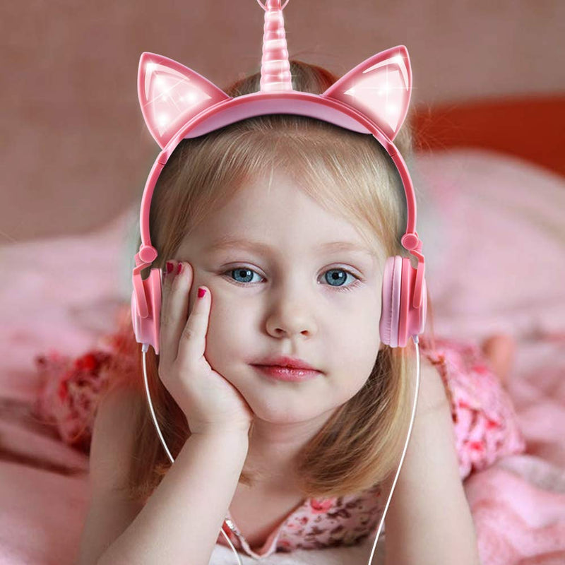 Esonstyle Unicorn Kids Headphones, Over Ear with LED Glowing Cat Ears,Safe Wired Kids Headsets 85dB Volume Limited, Food Grade Silicone, 3.5mm Aux Jack.Cat-Inspired Headphones for Girls Peach - LeoForward Australia
