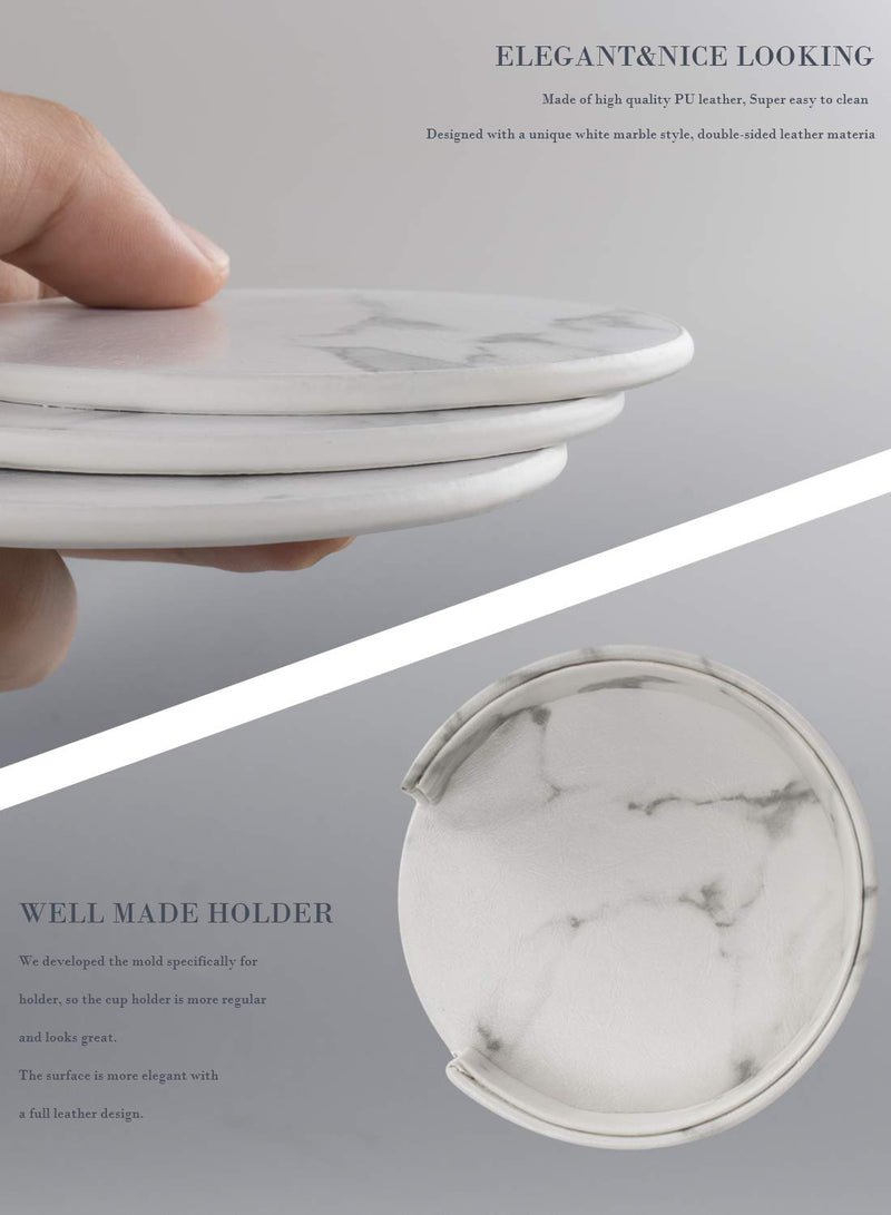  [AUSTRALIA] - Coasters for Drinks, Set of 6 Round Leather Coasters with Holder Protect Your Furniture (White Marble, Round) White Marble