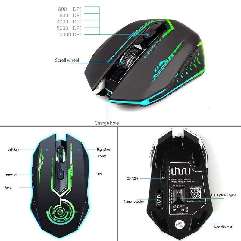  [AUSTRALIA] - Wireless Gaming Mouse Up to 10000 DPI, UHURU Rechargeable USB Wireless Mouse with 6 Buttons 7 Changeable LED Color Ergonomic Programmable MMO RPG for PC Laptop, Compatible with Windows Mac