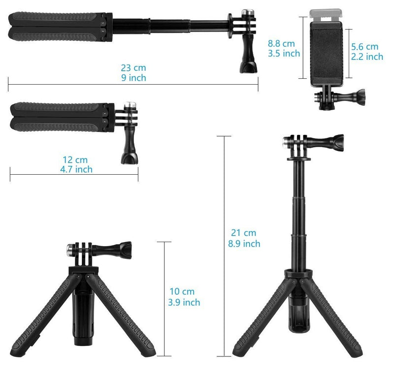  [AUSTRALIA] - Taisioner Mini Selfie Stick Tripod Kit Two in One Compatible with GoPro AKASO Action Camera and Cell Phone Accessories Black