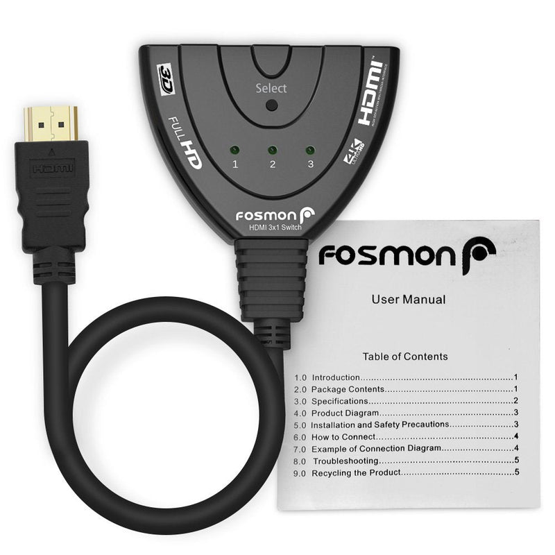  [AUSTRALIA] - Fosmon 3-Port 4K HDMI Switch, 3x1 Switcher (Automatic Switching) Support Ultra HD, HDCP, 4K HDMI Splitter Hub Compatible with Apple TV 4K PS5 Xbox Roku Fire TV Stick HDTV Chromecast