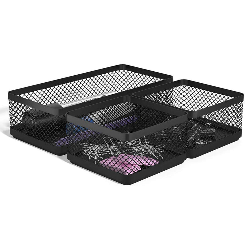 1InTheOffice Mesh Collection Desk Drawer Organizer Tray 3 Compartment - Stackable, Matte Black - LeoForward Australia