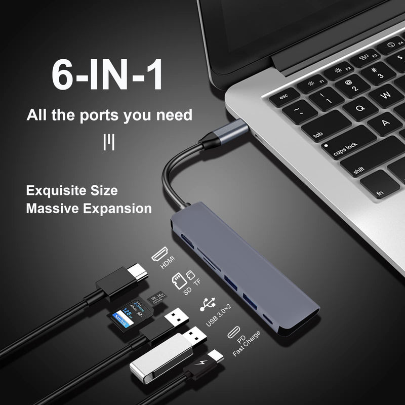  [AUSTRALIA] - JUBAAY USB C Hub 6 in 1 Dongle to HDMI Multiport Adapter with 4K HDMI Output 2 USB 3.0 Ports SD/TF Card Reader 100W PD Compatible for MacBook Pro & Air Accessories USB C Laptops More Type C Devices Grey