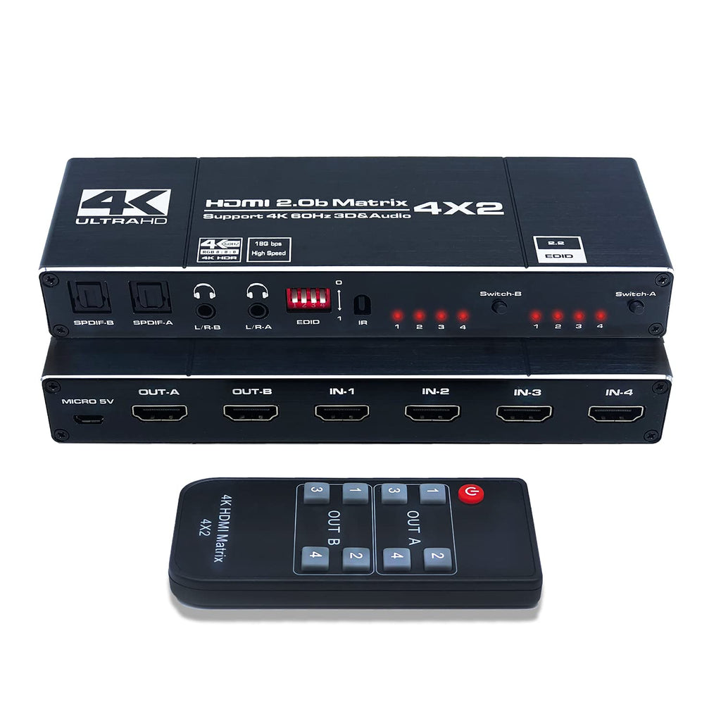  [AUSTRALIA] - 4K@60Hz HDMI Matrix Switch 4x2, HDMI Matrix Switch Splitter 4 in 2 Out, Optical Toslink SPDIF and L/R Audio Output, EDID Scaler with Remote Control, Support HDMI 2.0b, 3D, HDR