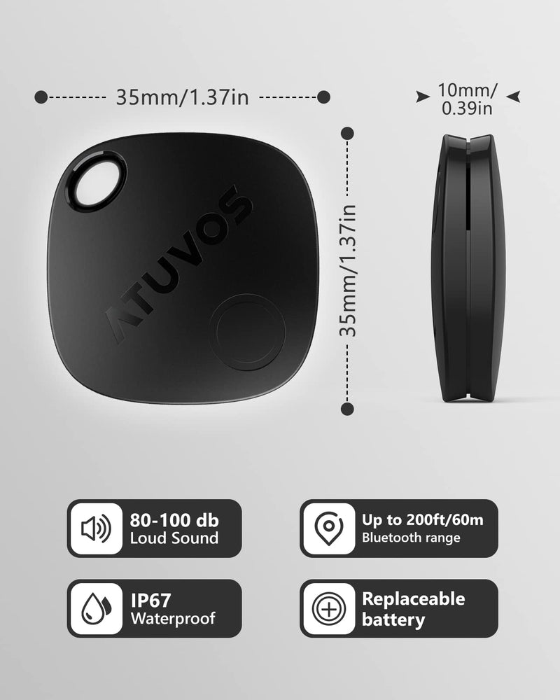  [AUSTRALIA] - ATUVOS Key Finder, Bluetooth Tracker Works with Apple Find My (iOS only), IP67 Waterproof, Replaceable Battery,Privacy Protection, Lost Mode,Item Locator for Bags, and More 4 Pack Black