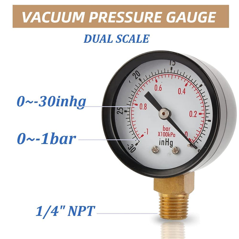  [AUSTRALIA] - Vacuum pressure gauge, vacuum gauge 2 inch for air compressor water oil gas 1/4" NPT lower bracket MF,0～-30inHg 0～-1bar universal vacuum pressure gauge with 50 diameters 1/4 NPT