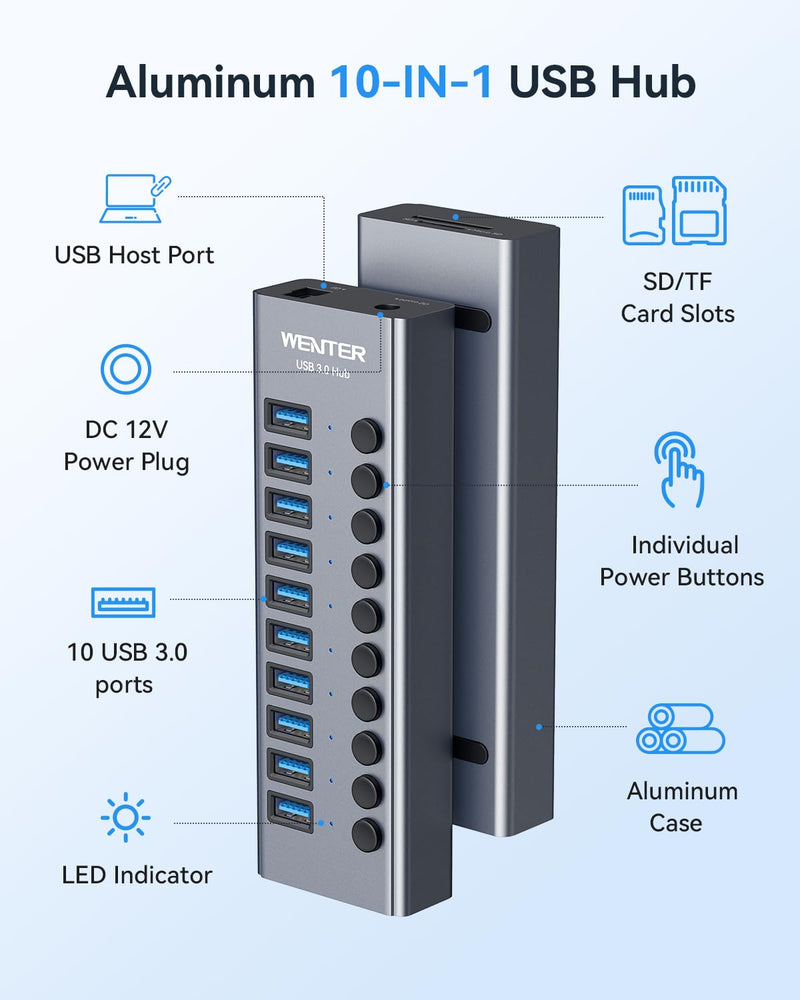  [AUSTRALIA] - Powered USB 3.0 Hub, Wenter 10 Ports 36W Powered USB Hub, Aluminum USB Splitter with Individual On/Off Switches, SD/TF Card Readers and 12V/3A Power Adapter for PC, Laptops, MacBook Pro, iMac, iPad Aluminum 10 Ports