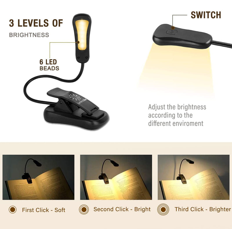  [AUSTRALIA] - Vekkia 3000K Warm LED Lightweight Book Light Rechargeable-Book-Light-Reading in Bed at Night,3 Brightness ,Reading-Light Easy Clip on, Great Gift for Readers & Kids Black