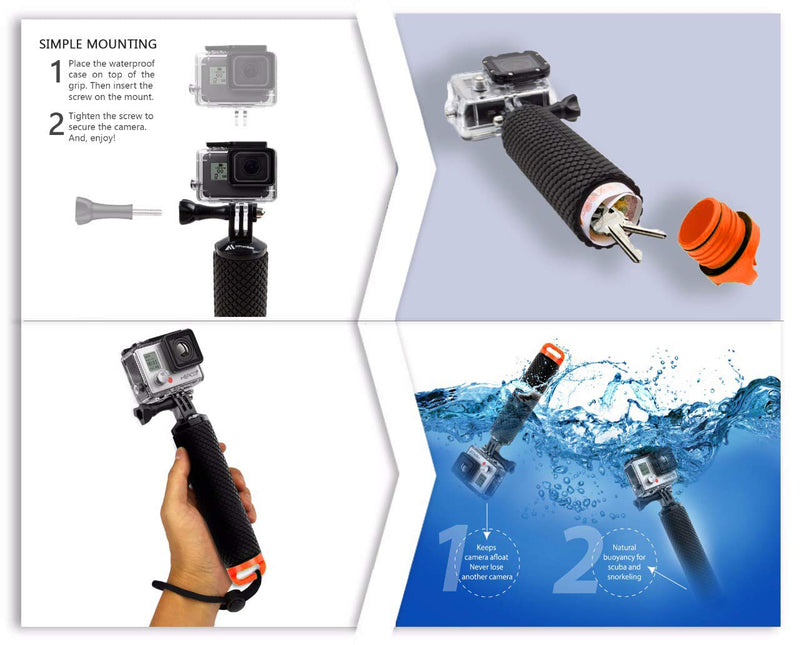  [AUSTRALIA] - Waterproof Floating Hand Grip Compatible with GoPro Hero 10 9 8 7 6 5 4 3+ 2 1 Session Black Silver Handler & Handle Mount Accessories Kit for Water Sport and Action Cameras (Orange) Orange