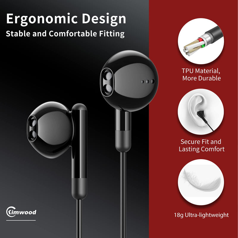  [AUSTRALIA] - Wired Earbuds with Microphone, Kimwood Earphones in-Ear Headphones HiFi Stereo, Powerful Bass and Crystal Clear Audio, 3.5mm Headphone for iPhone, iPad, Android Phones, MP3, Laptop, Computer (Black) Black