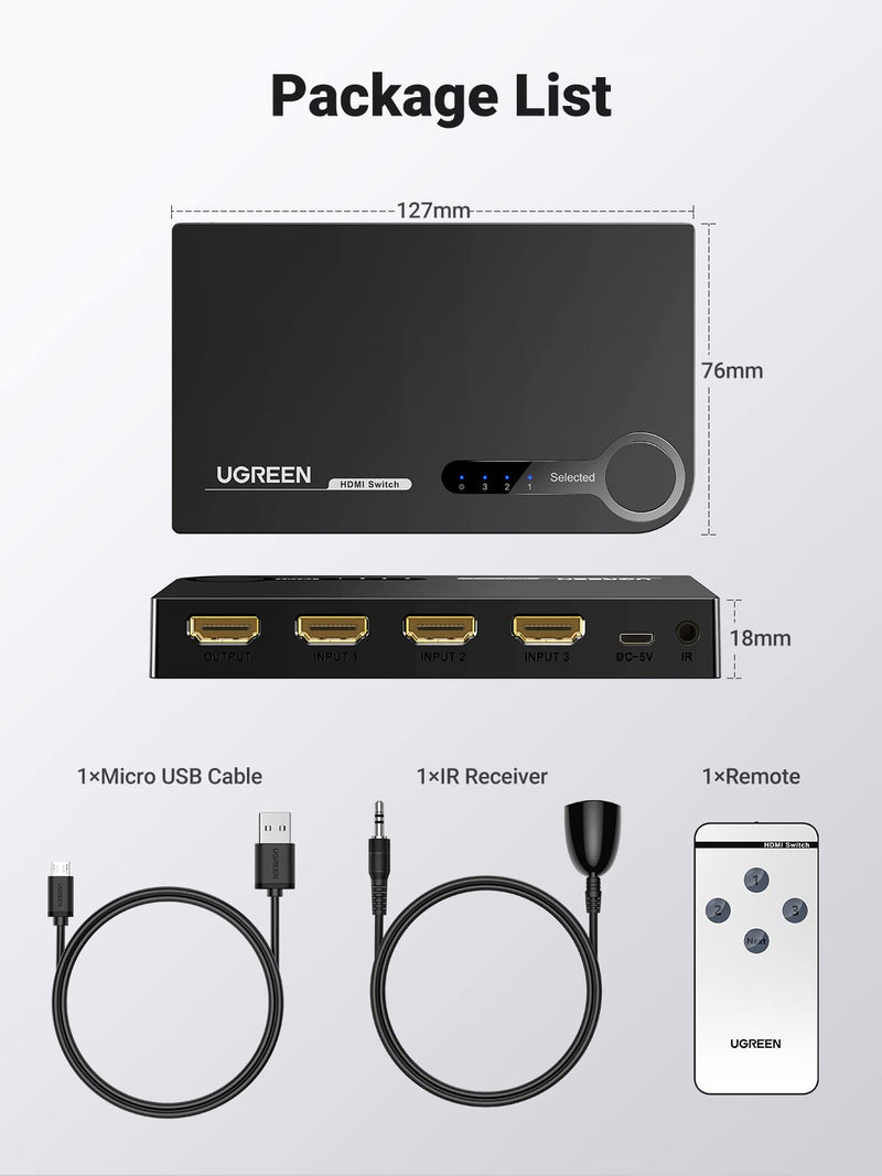  [AUSTRALIA] - UGREEN HDMI Switch 3 in 1 Out HDMI Switcher Splitter, 4K 30Hz HDMI Switch with Remote Supports HDR 3D HDCP1.4 Compatible with Xbox PS5 PS4 PS3 Nintendo Switch Blu-ray Player Roku Xbox Apple TV Fire Stick