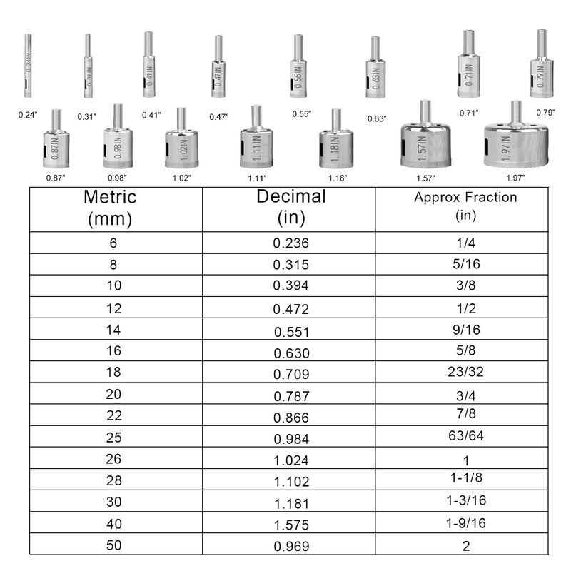  [AUSTRALIA] - Diamond Hole Saw, 15 pcs Diamond Drill Bits Set Glass Drill Bit Extractor Remover Tools for Glass, Ceramics, Porcelain, Ceramic Tile (1/4"-2") 15PCS