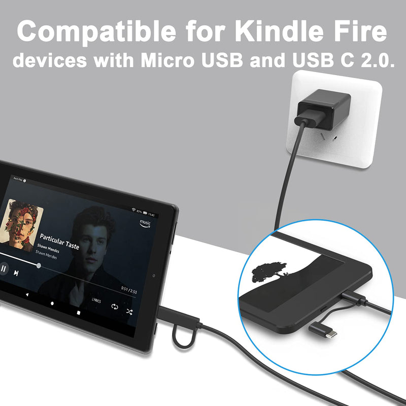  [AUSTRALIA] - Charger [UL Listed] Compatible for Amazon Kindle Fire HD 10 9th Generation 2021 Release, Fire HDX 6" 7" 8.9" 9.7", Fire 7 HD 8 10 Tablet and Phone with 5Ft Micro-USB & USB C 2 in 1 Cable