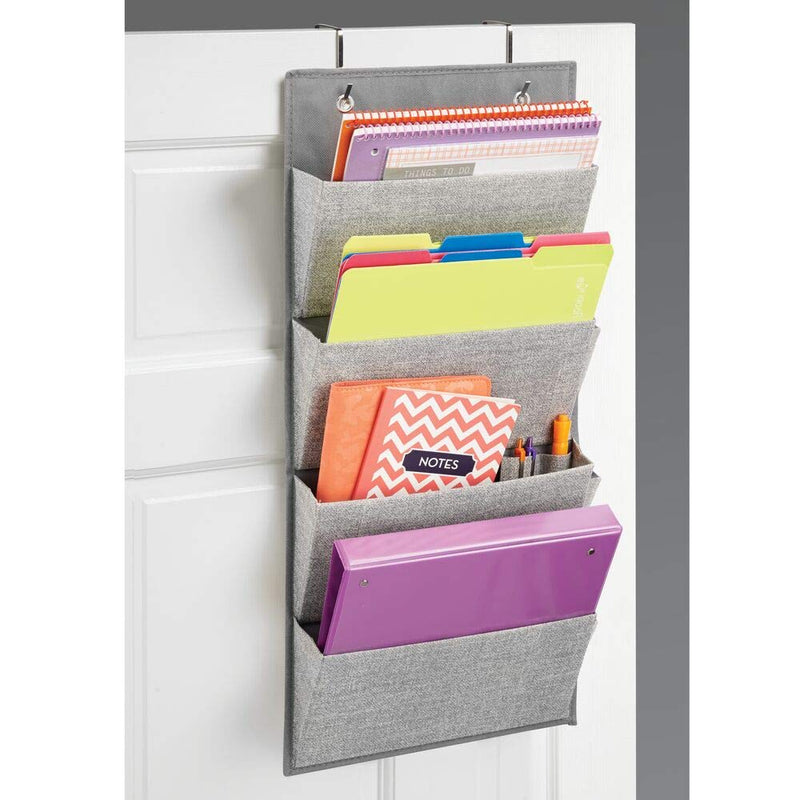 mDesign Soft Fabric Wall Mount/Over Door Hanging Storage Organizer - 4 Large Cascading Pockets - Holds Office Supplies, Planners, File Folders, Notebooks - Textured Print - Gray Grey - LeoForward Australia