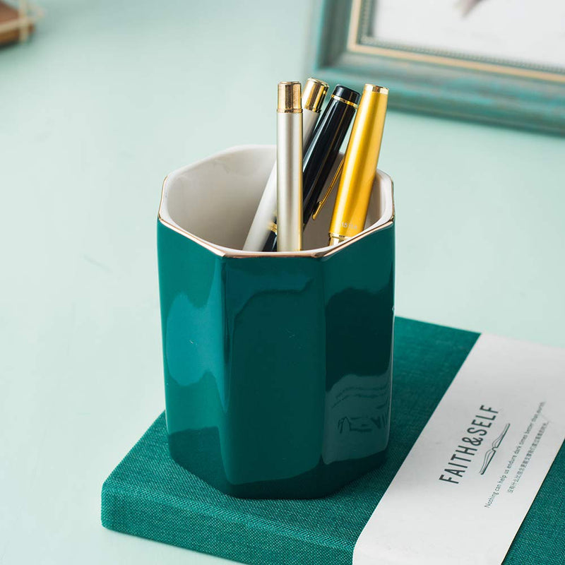 YOSCO Ceramic Desk Pen Holder Stand Pencil Cup Pot Desk Organizer Makeup Brush Holder (Blackish-Green) Blackish-Green - LeoForward Australia