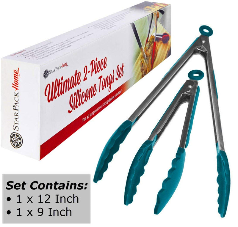 StarPack Basics Silicone Kitchen Tongs (9-Inch & 12-Inch) - Stainless Steel with Non-Stick Silicone Tips, High Heat Resistant to 480°F, For Cooking, Serving, Grill, BBQ & Salad (Teal Blue) Basics (Heat Resistant 480°F) Teal Blue - LeoForward Australia