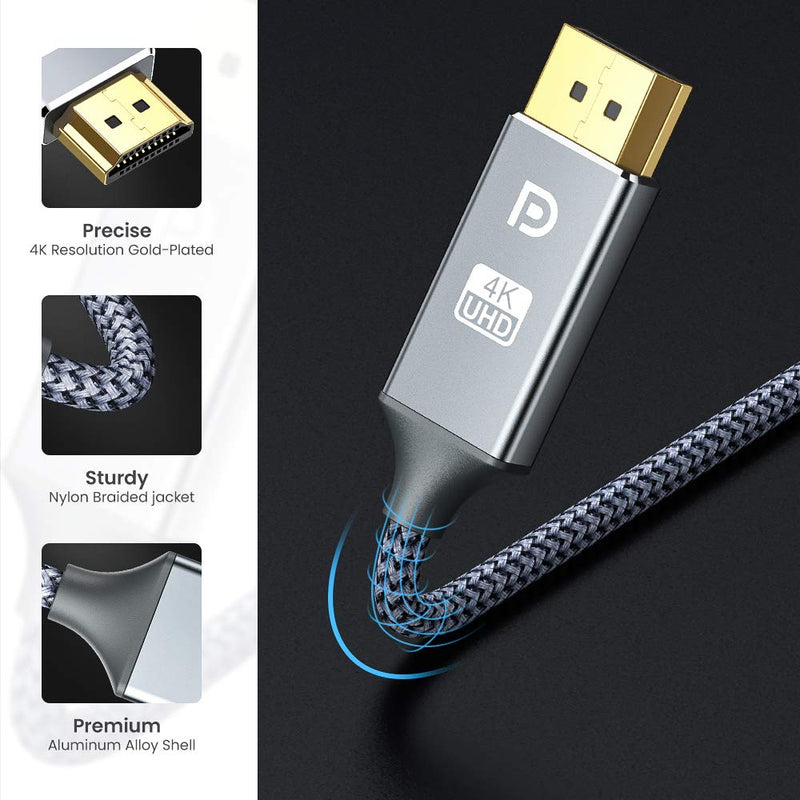 DisplayPort to HDMI Cable,Capshi [4K UHD] Uni-Directional Nylon Braided Gold-Plated DP to HDMI Cord Display Port to HDMI Male Connector -6 Feet 6 FT Grey - LeoForward Australia