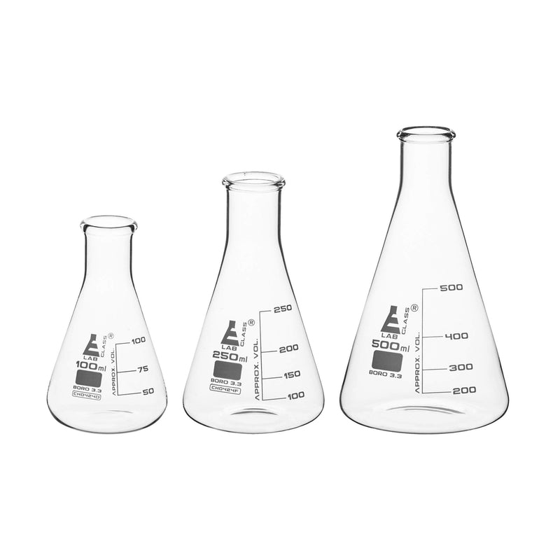Premium Erlenmeyer Flask Set - 100ml, 250ml & 500ml - Narrow Neck, White Graduations - Superior Durability & Chemical Resistance - Borosilicate 3.3 Glass - Eisco Labs - LeoForward Australia